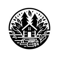Black and white circular illustration of a cabin nestled in a forest, with trees, leaves, and logs. vector