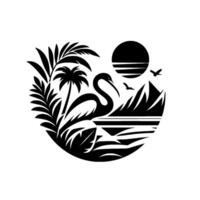 Elegant Black and White Coastal Scene Silhouette of a Heron, Palm Trees, Mountains, and Birds in a Sunset Setting. vector