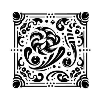 Intricate Black and White Square Pattern with Swirls, Ornaments, and a Central Twisted Element vector