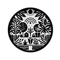 A circular black and white illustration depicts a stylized, idyllic garden scene. A house, trees, flowers, and a sun are arranged in a symmetrical pattern. vector