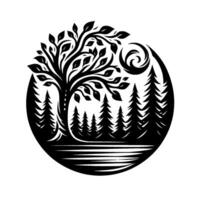 Black and white silhouette of a serene forest scene, a large tree dominates a circular frame including conifers, a lake, and swirling moon. vector