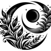 Abstract botanical with stylized foliage, crescent moons, and celestial elements in a black and white circular composition. vector