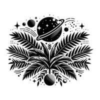 Black and white botanical spacethemed illustration featuring a planet with rings, palm fronds, stars and celestial bodies in a symmetrical pattern. vector