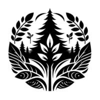 Natures Embrace A Black and White Circular Emblem with a Central Pine Tree and Foliage Surrounded by Leaves and Decorative Fish. vector