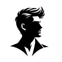 Silhouette of a stylish man with a modern pompadour hairstyle, facing right, wearing a blazer, rendered in stark black and white. vector