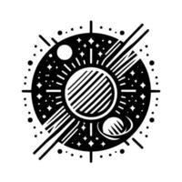 Monochrome stylized cosmic emblem featuring a central sunlike orb with radiating lines, celestial bodies, and stardust within a circular frame, all presented in a minimalist, design. vector