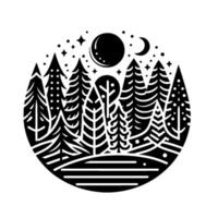 A Stylized Night Forest Scene in a Circle Featuring Trees, Moon, Stars, and Crescent Against a White Background. vector