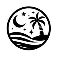 Serene Black and White Circle Design A Nighttime Coastal Scene Featuring a Palm Tree, Crescent Moon, Stars, and Gentle Waves on a Beach. vector