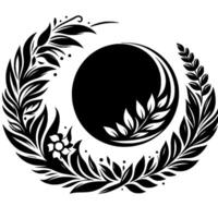 Elegant black and white botanical design, featuring a central circle surrounded by a stylized wreath of leaves, flowers, and delicate dots, creating a symmetrical, artistic composition. vector