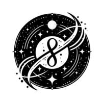 Black and white cosmic illustration featuring the number eight intertwined with celestial elements stars, planets, and a starry background in a circular composition. vector