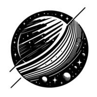 Abstract Black and White Cosmic Design Planet with Rings, Stars, and Streaks, Circular Composition with Diagonal Lines. vector