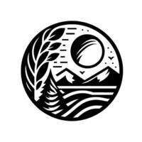 Monochrome circular nature scene, featuring sun, mountains, birds, water, trees, and leaves in a minimalist, stylized design. vector