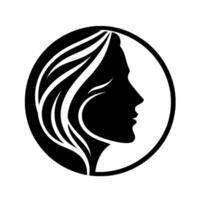 Silhouette of a womans profile within a black circle, showcasing flowing hair in a minimalist, style, on a white backdrop. vector
