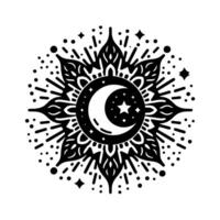 Black and White Celestial Mandala Featuring Crescent Moon, Star, and Sunburst, Isolated on White Background. vector