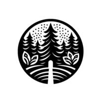 Monochrome Forest Landscape Pine Trees, Leaves, and Terrain within a Circle, Minimalist Design, High Contrast vector