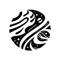 Abstract black and white celestial within a circular frame, featuring stylized planets, galaxies, and stars, with a clean, minimalist aesthetic. vector