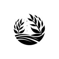 Stylized Black White Emblem Two Leafy Branches Arching Over Rolling Hills Within a Circular Border, Minimalist Composition. vector
