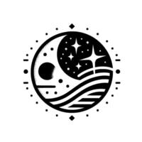 Celestial Harmony A black and white minimalist emblem depicting the moon, stars, and ocean waves, set within a circular frame embellished with geometric accents. vector