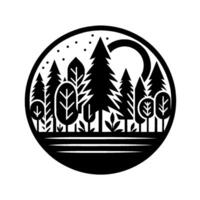 Black and White Forest Silhouette within a Circle, Featuring Trees, Moon, Stars, and a Simplified, Decorative Style. vector