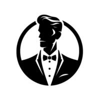 Silhouette of a Dapper Man in a Tuxedo and Bow Tie, Framed in a Circle, Against White vector