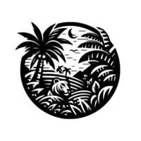 Silhouette scene Tiger in jungle, tropical landscape framed within a circle, palm trees under the night sky with moon and birds, black and white. vector