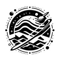 Stylized, monochrome illustration of a planet with rings, starry sky within a circular frame, mountains below, and cosmic elements. vector