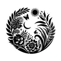 Celestial Botanical Circle Composition in Black and White, featuring Sun, Moon, Flowers, Butterflies, and Foliage in a Decorative, Symbolic Design. vector