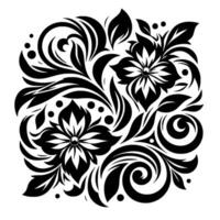 Intricate Black and White Floral Pattern with Two Blooming Flowers, Swirls, and Leafy Vines, on White Background. vector