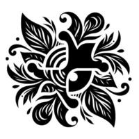 Intricate Black and White Floral Symmetry A stylized showcasing leaves, curves, and a central crosslike structure, radiating outwards on a stark white background. vector