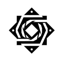 Geometric Black and White Roselike Emblem with Angular Shapes, Diamond Center, and Accenting Dots on a Clean White Background. vector