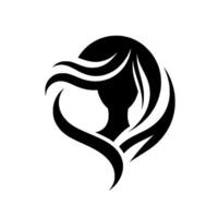 Silhouette of a womans head and neck, framed by flowing hair, creating an abstract with a circular background, black and white. vector