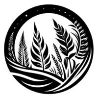 Black and white circular minimalist illustration of wheat and foliage, simple with starlit border. vector