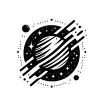 Abstract Monochrome Celestial Design Lined Planet with Starry Ring, Black Lines, and Floating Orbs, Futuristic Space Illustration. vector