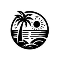 Minimalist black and white circular illustration depicting a tropical beach scene with a palm tree, sun, birds, and ocean in a simple design. vector