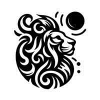 Stylized Black and White Lion Head with Ornamental Mane, Moon, and Dots on a White Background. vector