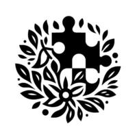 Black and White Floral Emblem Featuring a Puzzle Piece, Representing Harmony and Integration, on a White Background. vector