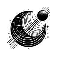 Geometric Celestial Design Crescent Moon, Planets, and Starry Sky Elements, Black and White Illustration. vector