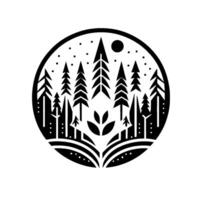 Stylized Circular Illustration Black Forest Scene within a Circle, Featuring Pines, Moon, and Leafy Element. Minimalist on White. vector