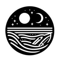 Minimalist nighttime ocean scene in a black circular design, featuring a surfboard amidst stylized waves under the moon and stars. vector