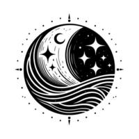 Celestial Harmony Circular, monochrome illustration featuring crescent moon, starry night, and flowing waves, framed by directional elements. vector