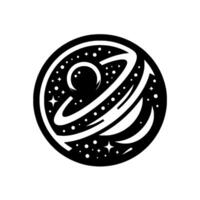 Minimalist Celestial Logo A Black and White Circular Featuring a Crescent Moon, Stars, and Orbiting Lines. vector
