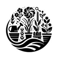 Minimalist Black and White Circular Garden Featuring Potted Plants, Watering Can, Flowers, Wheat, and a Key. vector