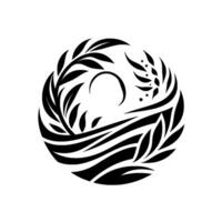 Black and white stylized circular design, a minimalist composition with plantlike forms and layered shapes, evoking nature and tranquility. vector