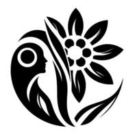 Black and white artistic illustration a human profile facing a stylized flower with leaves, all encircled and set against a white background. vector