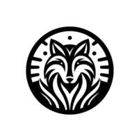 Black and white circular illustration of a stylized fox head, featuring minimalist elements, geometric shapes, and a modern aesthetic. vector