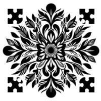 Symmetrical, monochrome, floral mandala with puzzlepiece accents, creating a balanced and elegant composition on a white background. vector