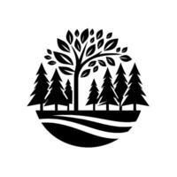 Stylized black and white forest landscape within an oval, featuring a central leafy tree and surrounding evergreen conifers. vector