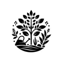 Circular minimalist emblem showcasing a stylized tree, watering can, and other plants, representing nature and gardening, in a black and white design. vector