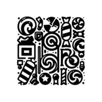 Square Composition of Black and White Candies, Lollipops, and Sweets in a Flat Design, Decorative Arrangement vector