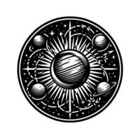 Celestial Mandala A cosmic black and white circular featuring a central sun surrounded by orbiting planets, stars, and elegant botanical accents. vector